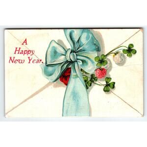 Vintage Embossed New Year Postcard with Blue Bow & Clover